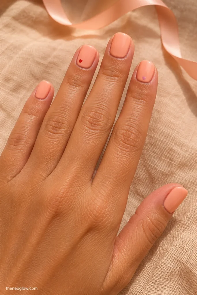 Short peach nails with tiny pink heart accents