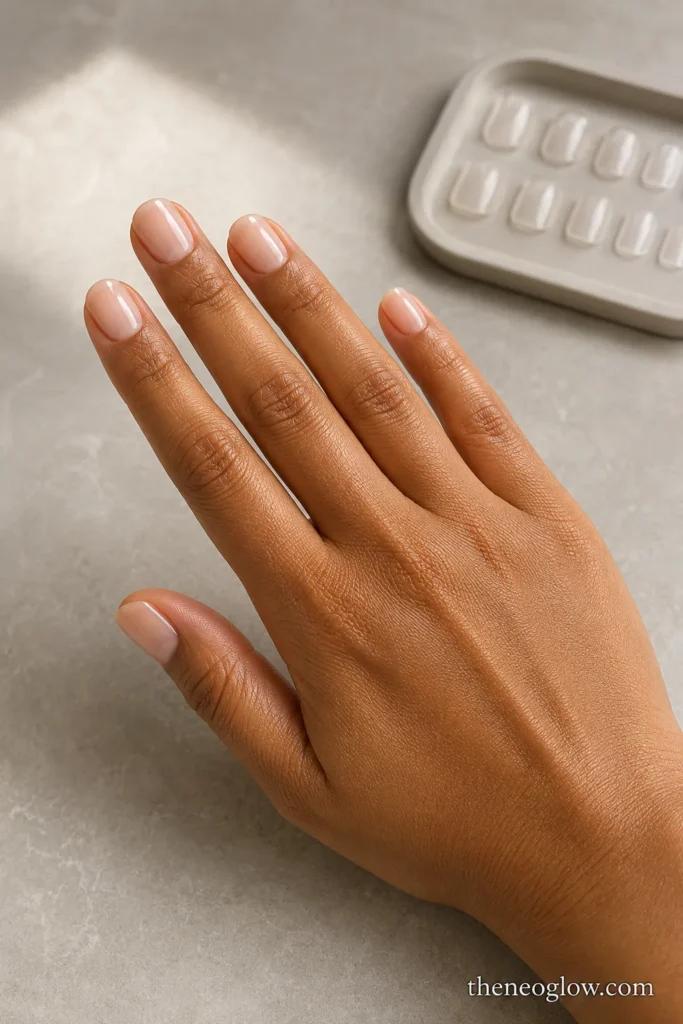 Short squoval milky beige press-on nails with a thin natural profile on a medium-brown hand at a salon surface.