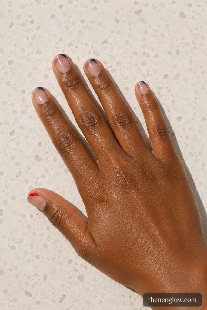 Very short oval clear-gloss nails with navy negative-space corners and a cherry-red thumb accent.