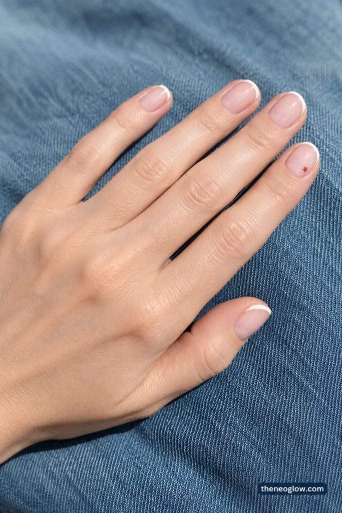 Short oval nails with slim white French tips and one tiny red star beside the ring-finger sidewall.