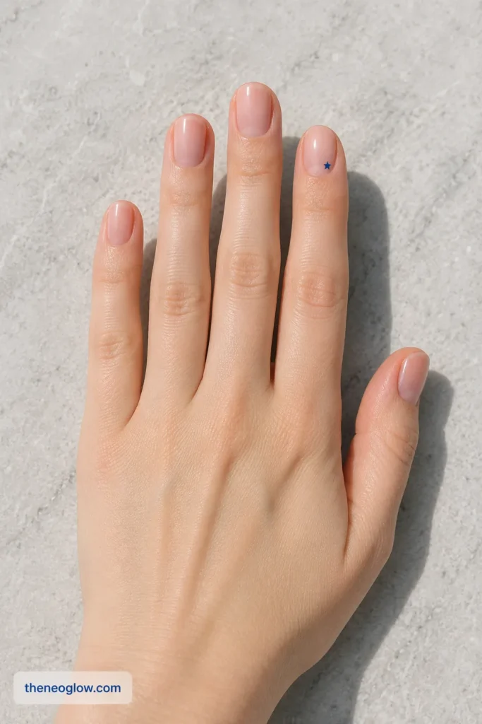 Short oval sheer nude-pink nails with one tiny cobalt side star on the ring finger.