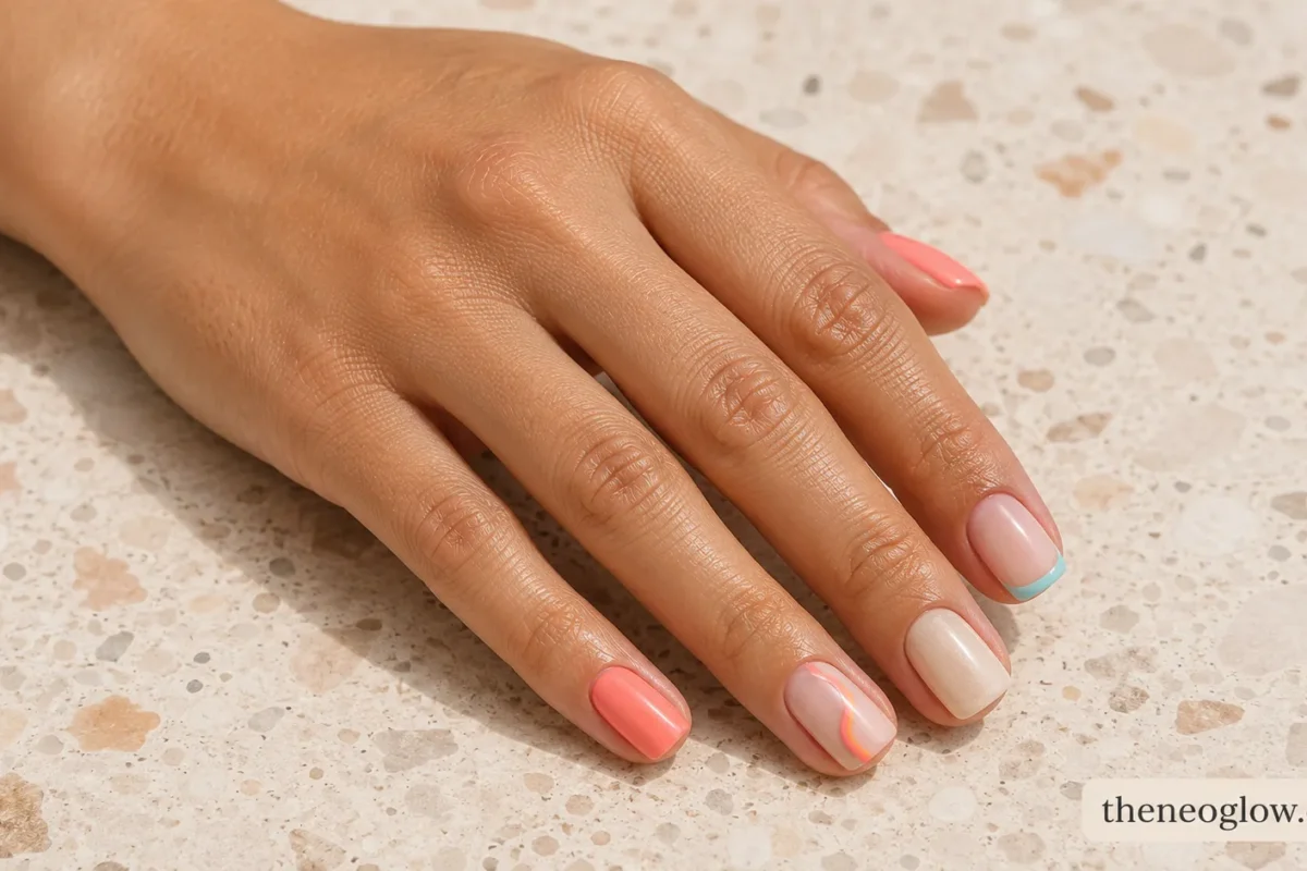 Short square nails with coral, pastel French, pearl neutral, side-wave, and milky white designs on tan skin.