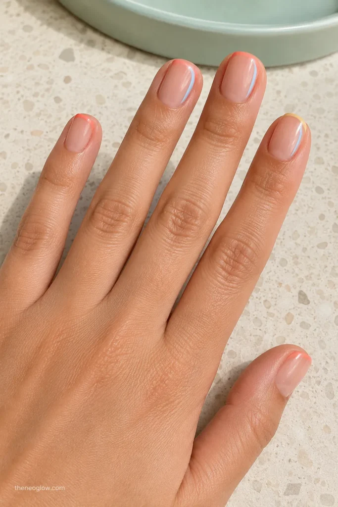 Short coral, baby-blue, and yellow chrome French tips