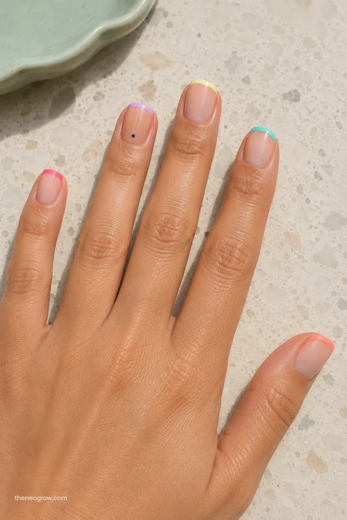 Short colorful French-tip nails with a mint micro-dot accent