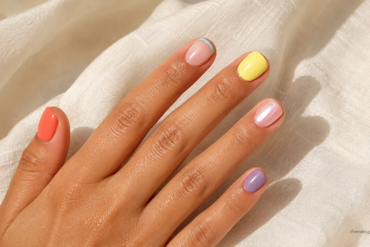 Short summer nails with coral, aqua, yellow, lavender, and pearl finishes