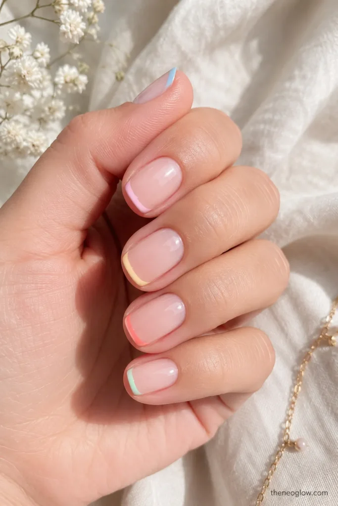 Short summer nails with pastel micro French tips on a sheer pink base