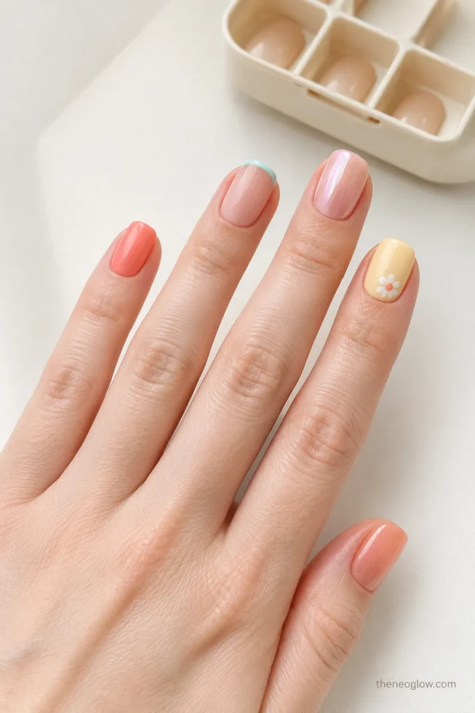 Short summer nails with a daisy, mint dots, and lemon art