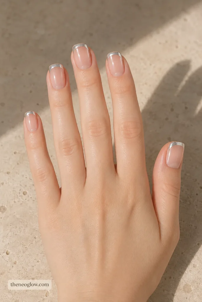 Soft square nails with sheer nude bases and narrow silver magnetic French tips on fair skin.