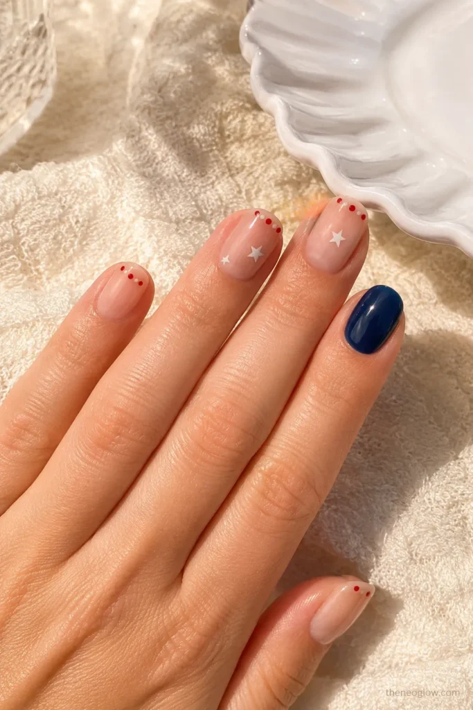 Simple 4th of July nails on short nails with a nude base, tiny stars, and red and blue accents