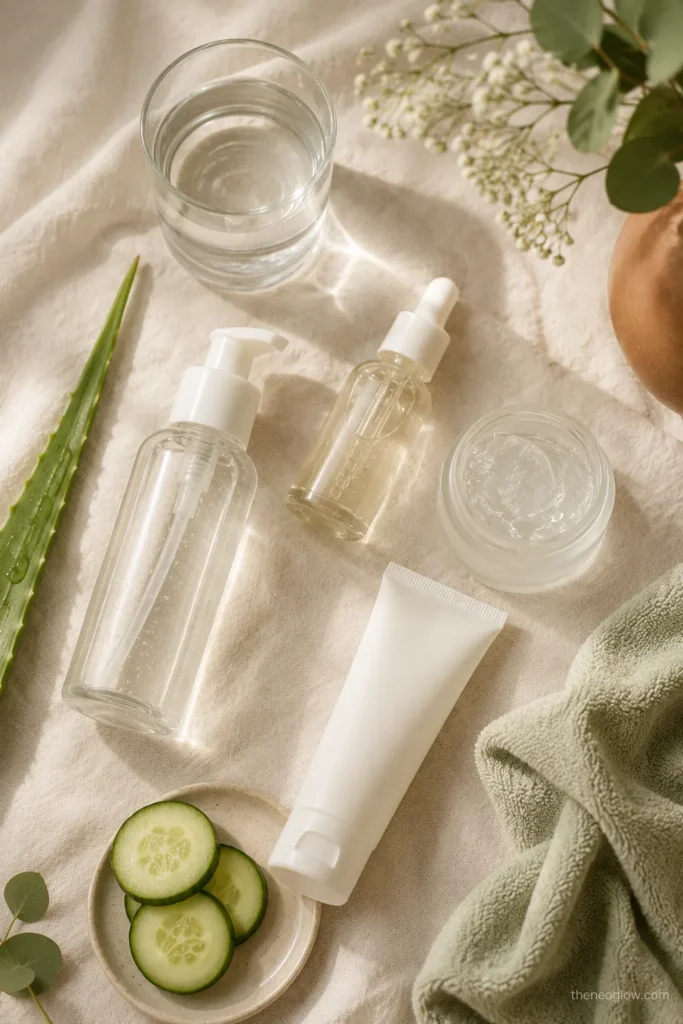 Simple morning summer skincare routine with cleanser serum moisturizer and sunscreen