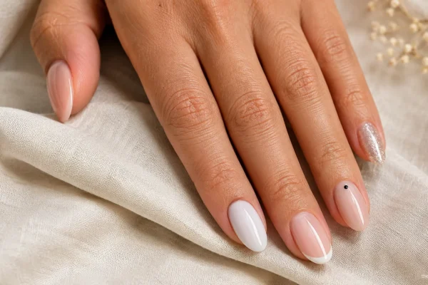 Minimalist almond nails with nude gloss, milky white, micro French tips, and a tiny dot accent