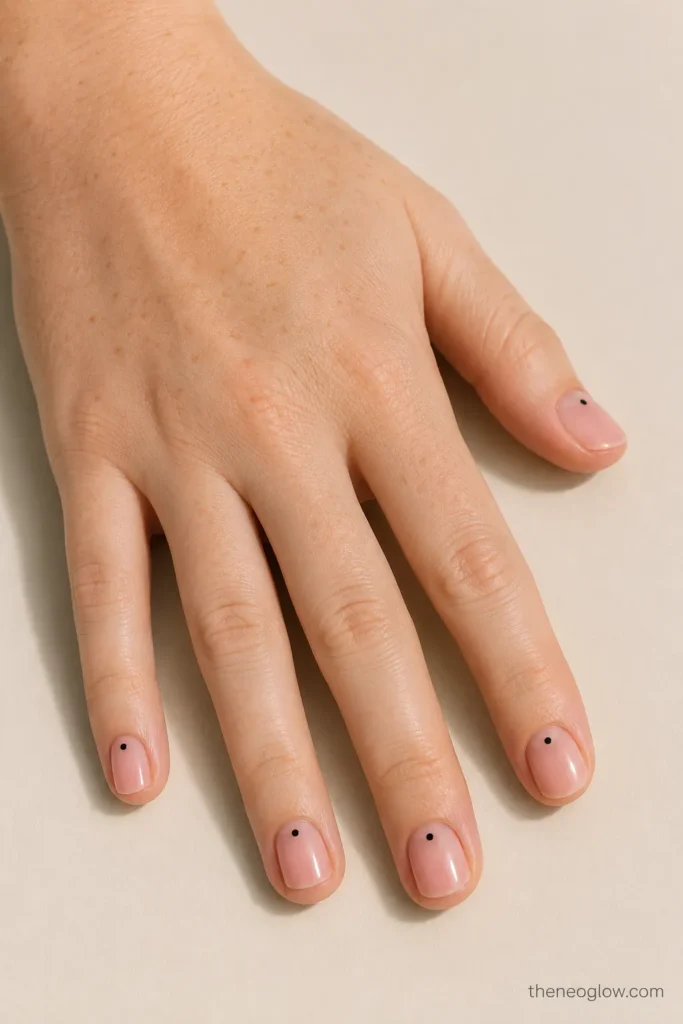 Short sheer pink nails with one tiny black dot near each cuticle