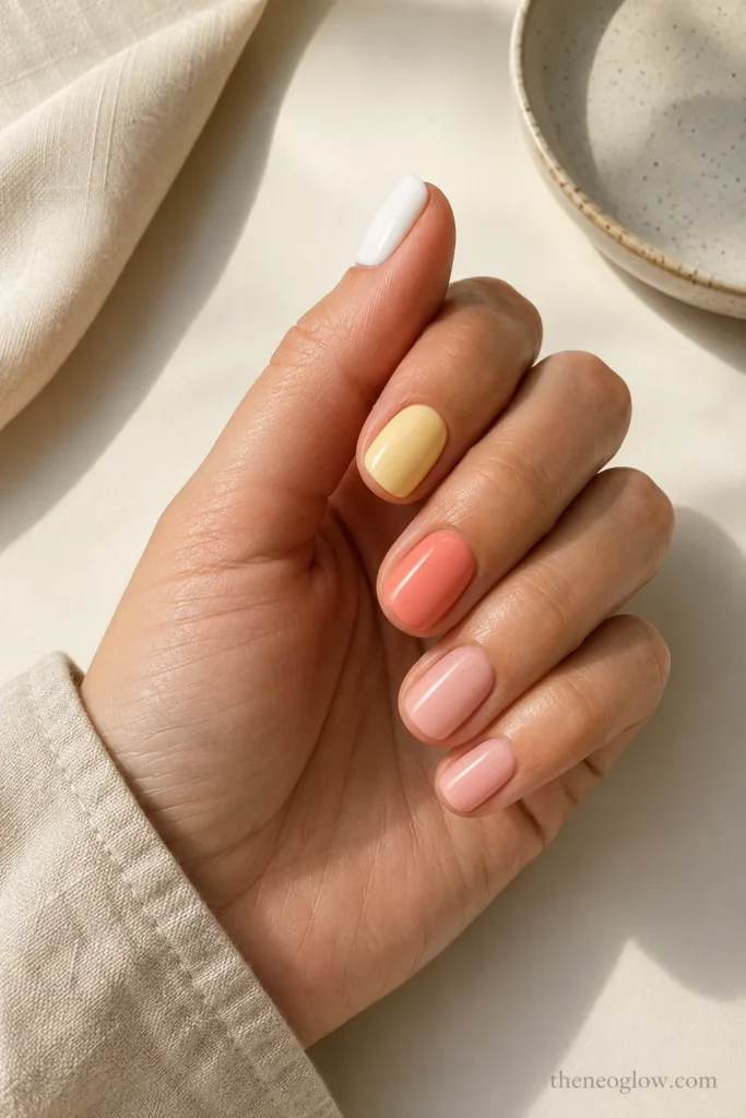 Simple summer nails in glossy milky white, butter yellow, coral, and sheer pink shades