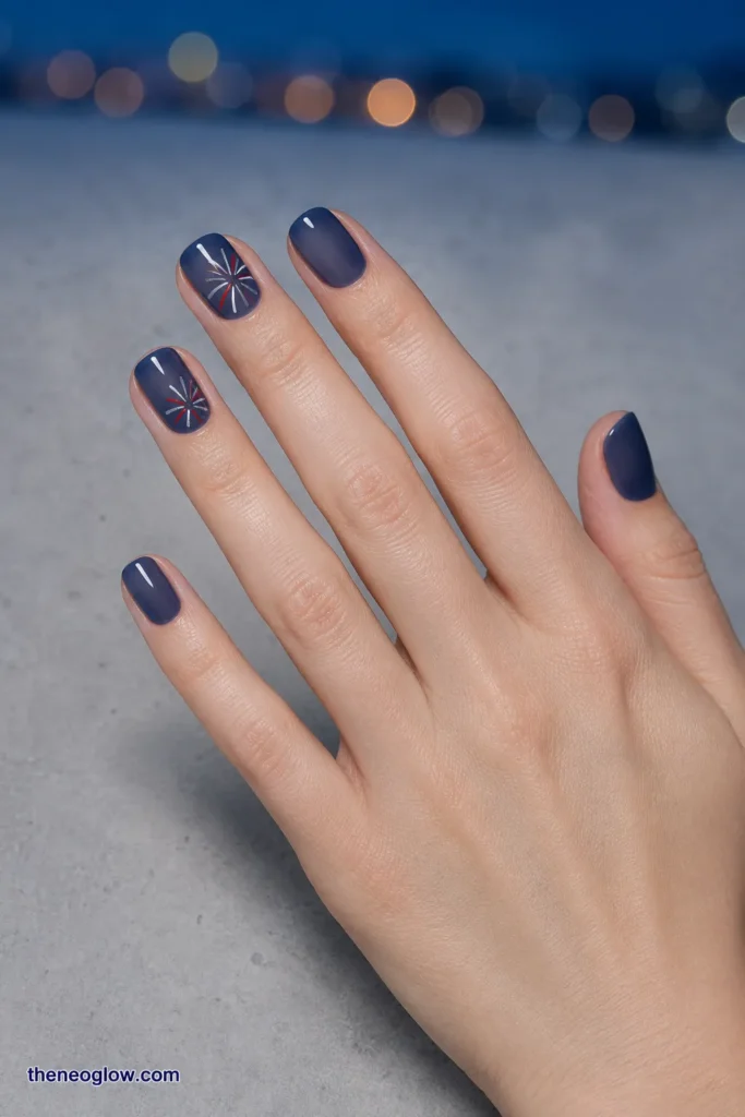 Short squoval smoky-navy nails with two small red, white, and silver firework accents.