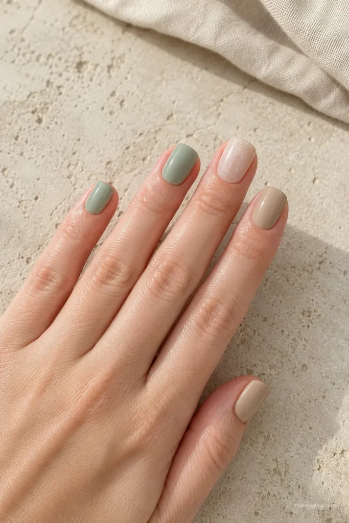 Short seafoam, sandy beige, and milky shimmer beach nails