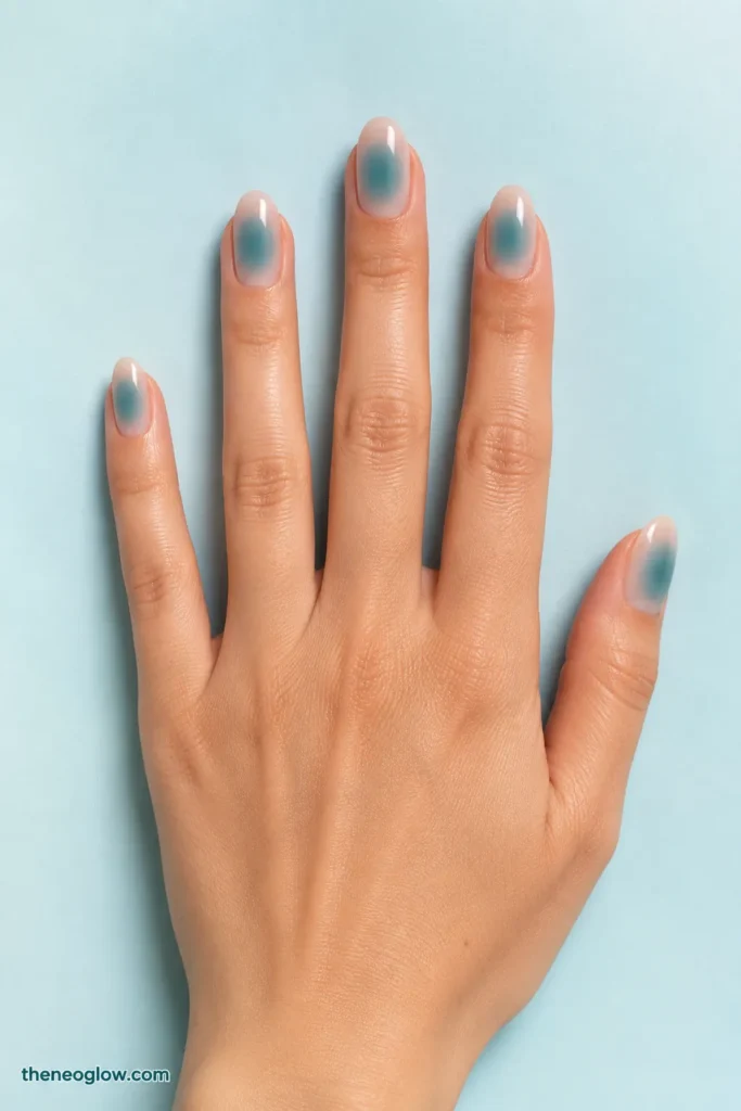 Medium oval nails with diffused teal centers fading softly into a sheer neutral base.