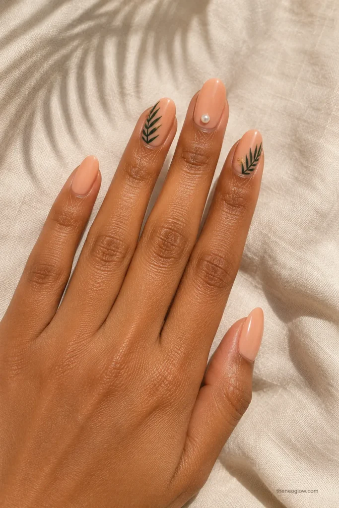 Nude coastal nails with palm leaves and a tiny gold starfish