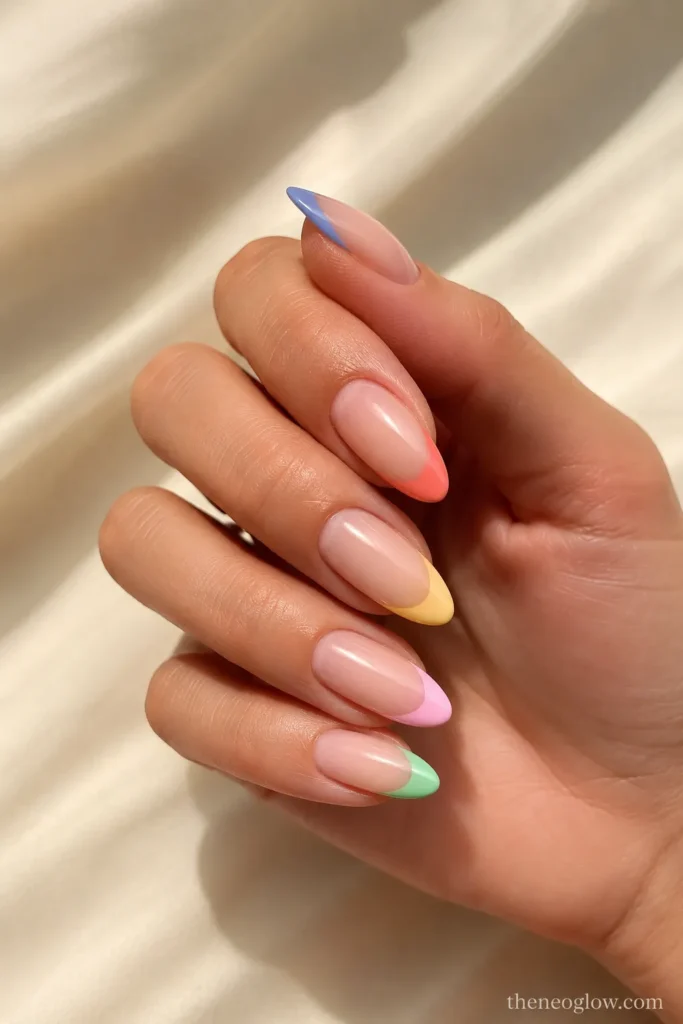 Summer French tip nails with pastel blue, coral, yellow, pink, and mint tips