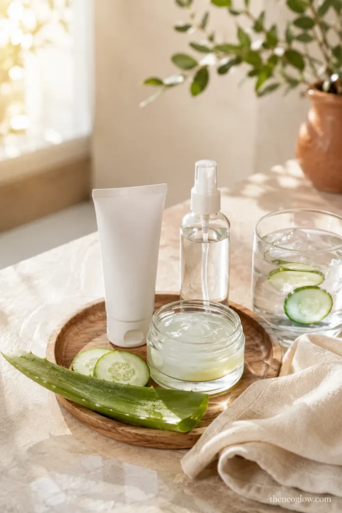 Summer glow skincare routine with sunscreen, facial mist, cucumber, aloe vera, and water