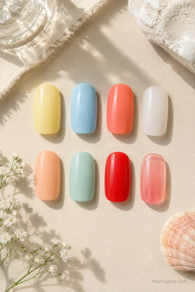 Summer nail colors 2026 including butter yellow, sky blue, coral, milky white, peach, mint, cherry red, and pink jelly