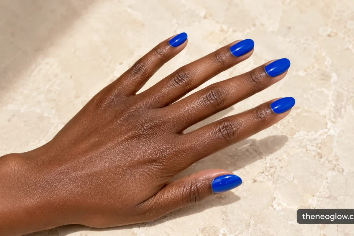 Glossy cobalt blue medium almond nails on a deep brown hand against a clean cream stone background.