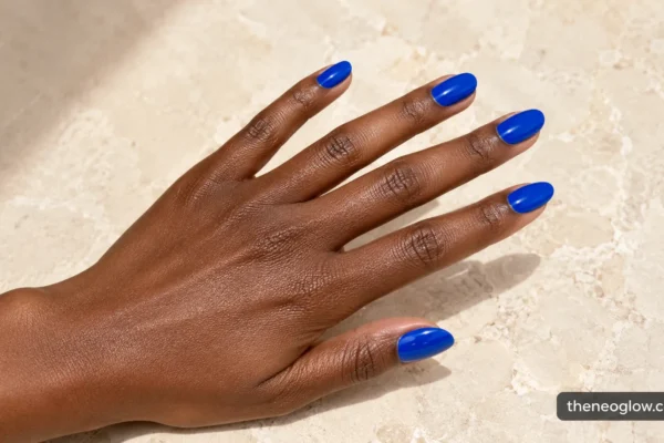 Glossy cobalt blue medium almond nails on a deep brown hand against a clean cream stone background.