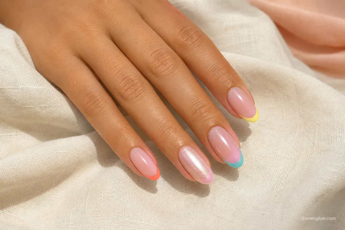 Colorful summer nails with coral, aqua, yellow, pink, and pearl details