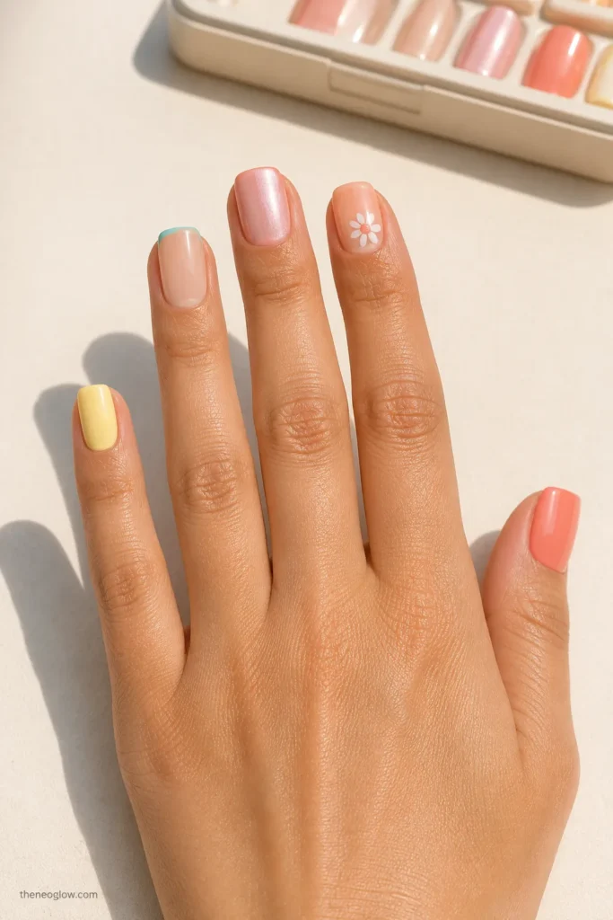 Summer press-on nails with coral, aqua, chrome, floral, and yellow designs