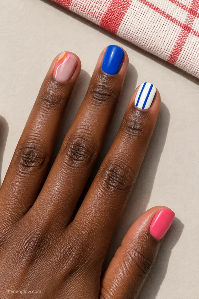 Short watermelon-pink, orange-swirl, and cobalt-striped nails