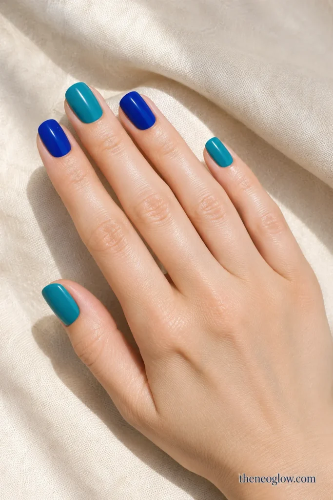 Short squoval nails alternating glossy medium teal and clear cobalt blue on fair skin.