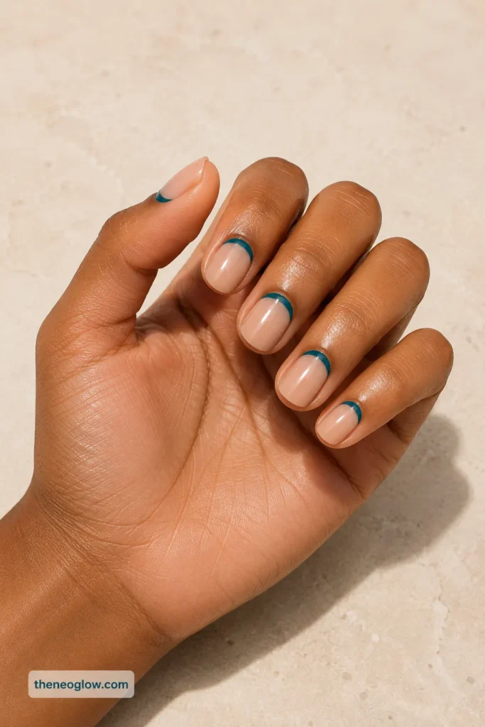 Short oval nails with a sheer neutral base and slim teal crescents placed neatly along the cuticles.