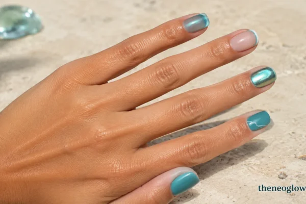 Coordinated teal vacation manicure with aqua jelly, seafoam French, pearl chrome, solid teal, and a white wave accent.
