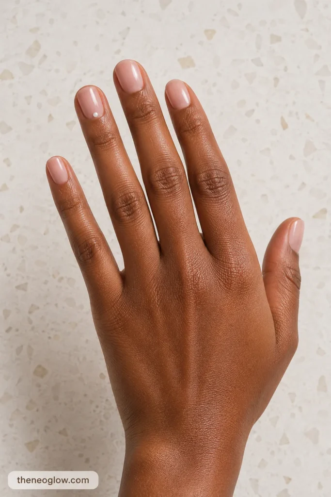Short softly squared sheer pink nails with tiny pearl dots near the ring-finger cuticles on a rich brown hand.