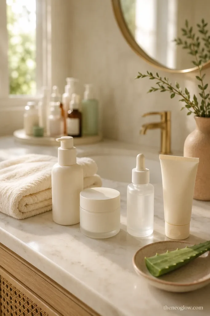 Minimal skincare routine showing fewer active products for barrier care