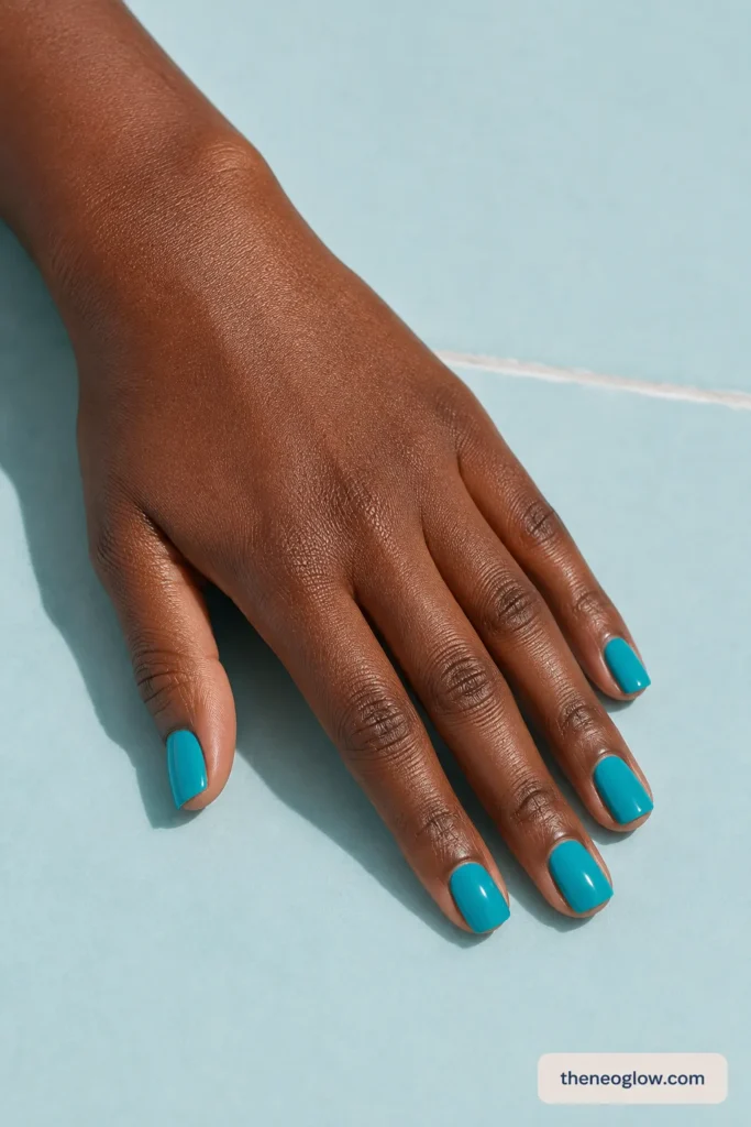 Blue-leaning turquoise short square nails with a smooth glossy finish on a deep brown hand.