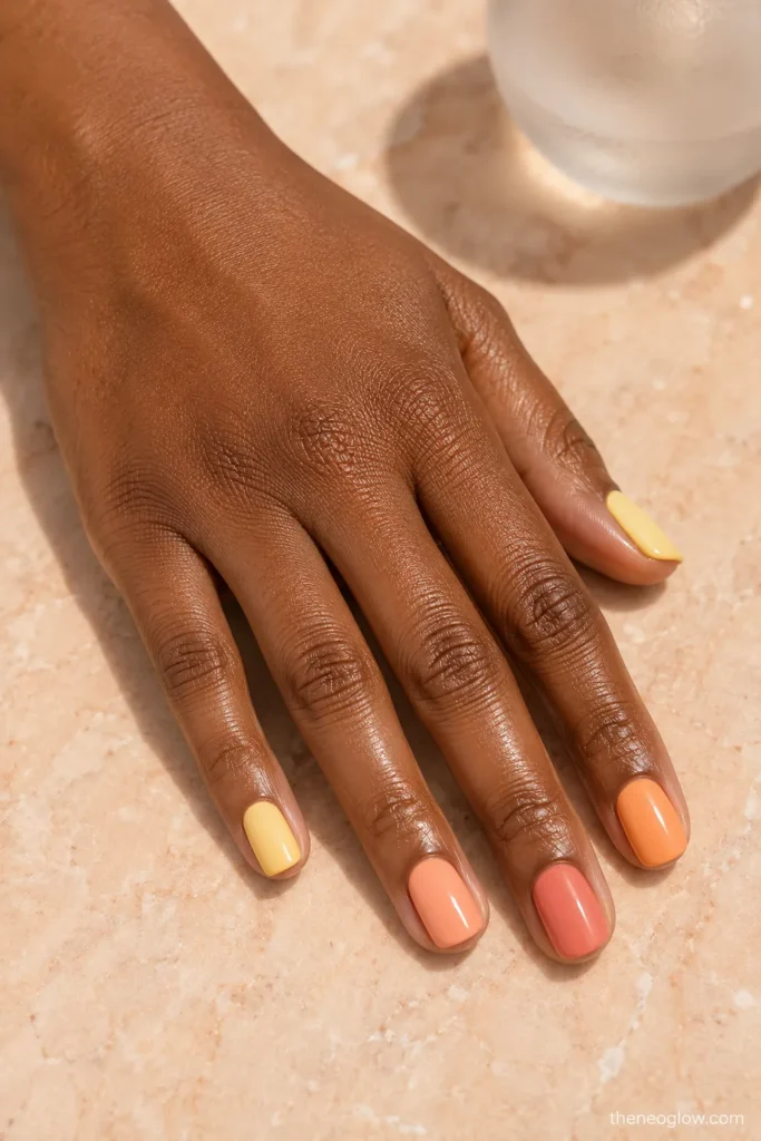 Short nails in butter yellow, soft apricot, and polished coral