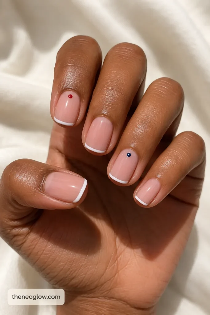 Short squoval nails with crisp white micro tips and tiny red and navy cuticle dots on a sheer blush base.