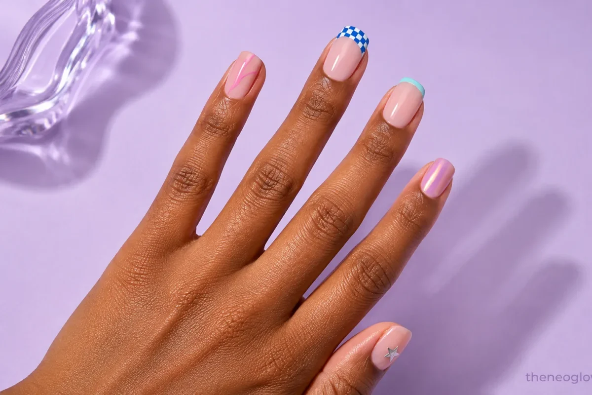 Medium-deep brown hand with glossy Y2K nail art featuring checkerboard French tips, pink swirls, aqua tips, chrome, and a silver star.