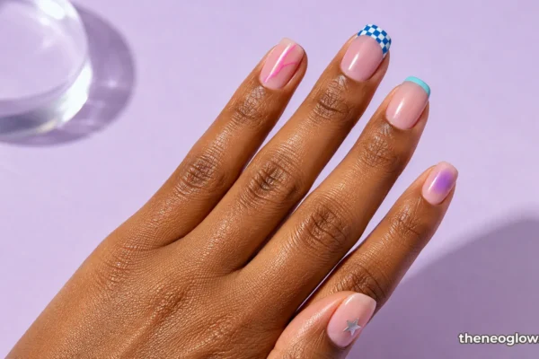 Medium squoval Y2K nails with a silver star, pink swirl, cobalt checker tip, aqua French tip, and lilac aura.