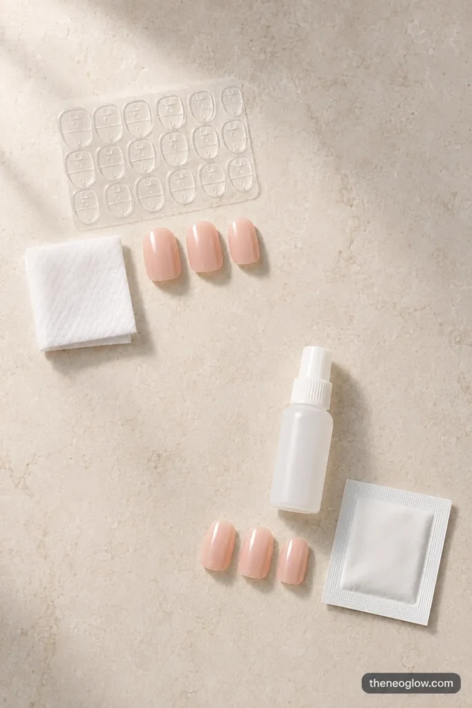 Adhesive tabs and a plain nail-glue bottle arranged with matching rosy-nude press-on tips on pale stone.