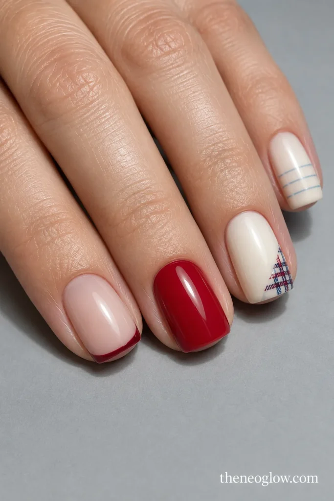 Four soft-square nails with a burgundy micro tip, apple-red polish, a small plaid corner, and fine pale-blue lines.