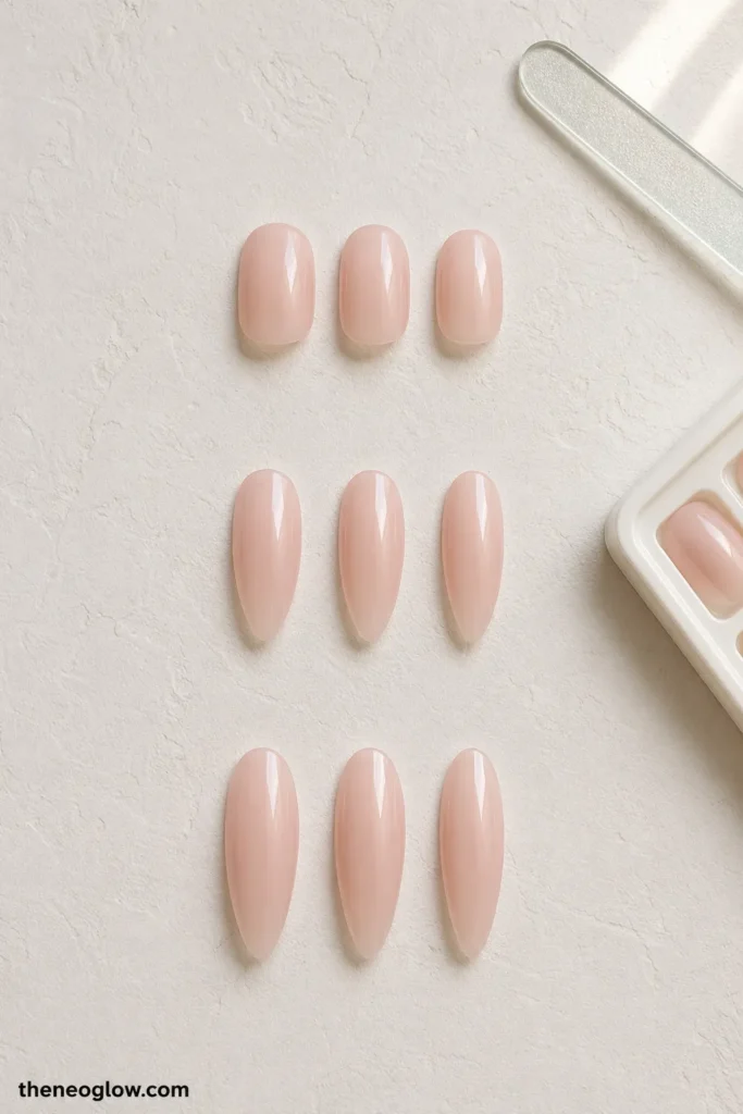 Three groups of sheer pink almond nail specimens showing short, short-extension, and medium lengths.