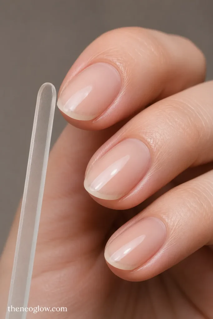 Close side view of short soft-almond nails with intact sidewalls and a slim glass nail file.