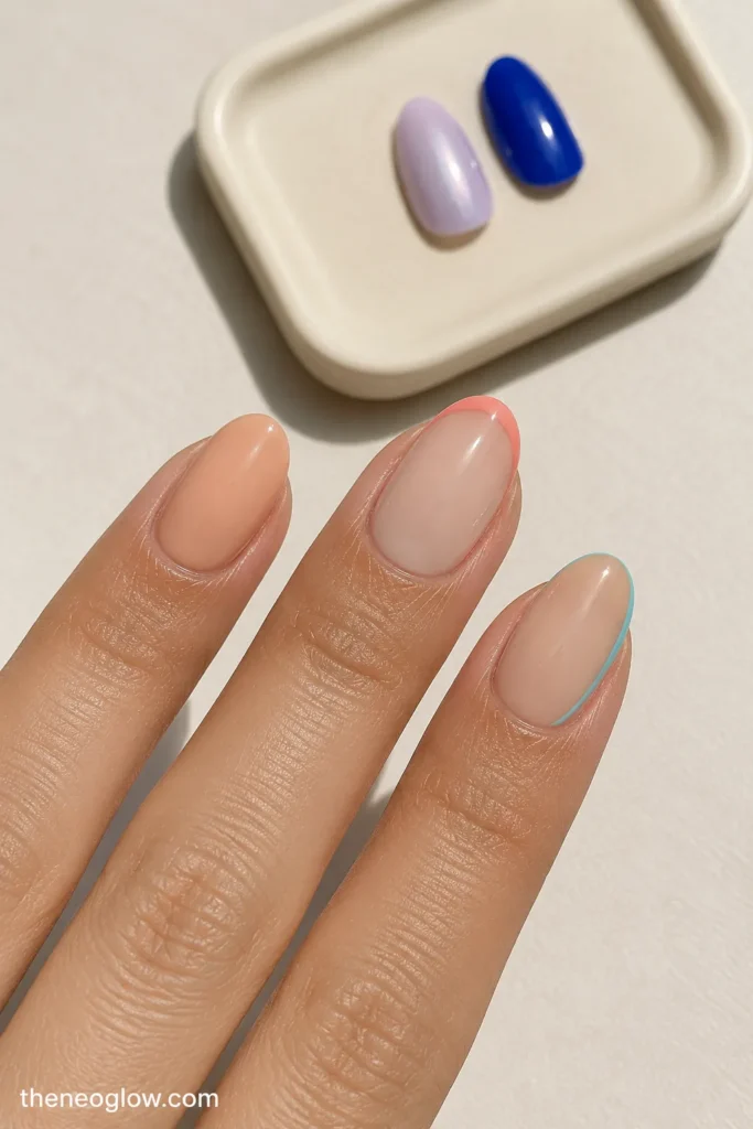 Close view of fitted almond press-ons with peach, coral, aqua, lavender, and cobalt designs beside a nail tray.