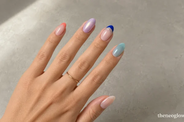 Medium soft-almond nails with peach jelly, coral French, lavender pearl, blue French, and aqua finishes.