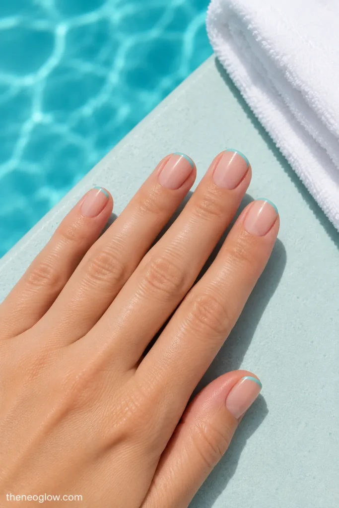 Short squoval nails with sheer pink-beige bases and ultra-thin aqua French tips beside a folded white pool towel.