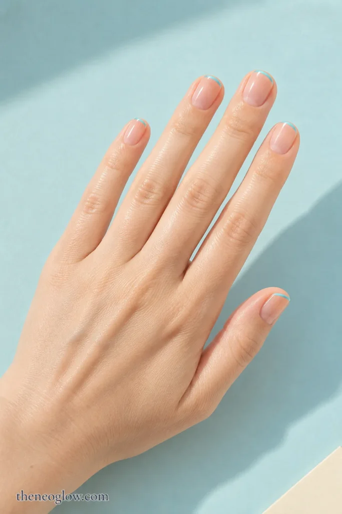 Short oval nails with a sheer pink base and slim aqua French tips on a fair cool skin tone.