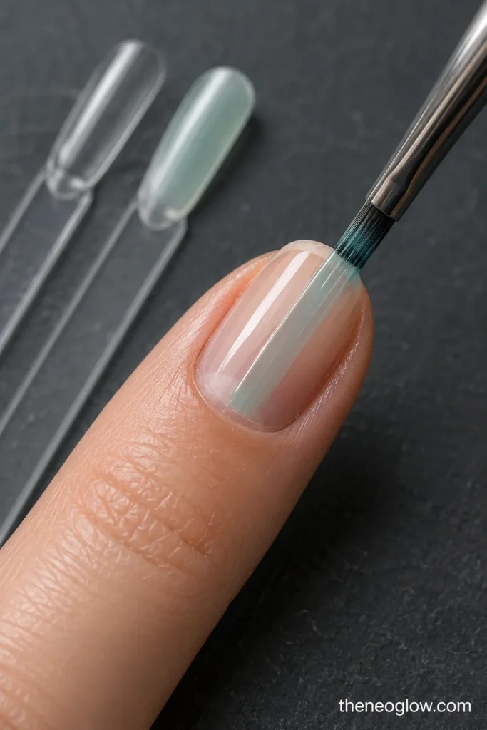 Macro view of a thin aqua jelly coat being applied over a sheer base on a short oval nail.