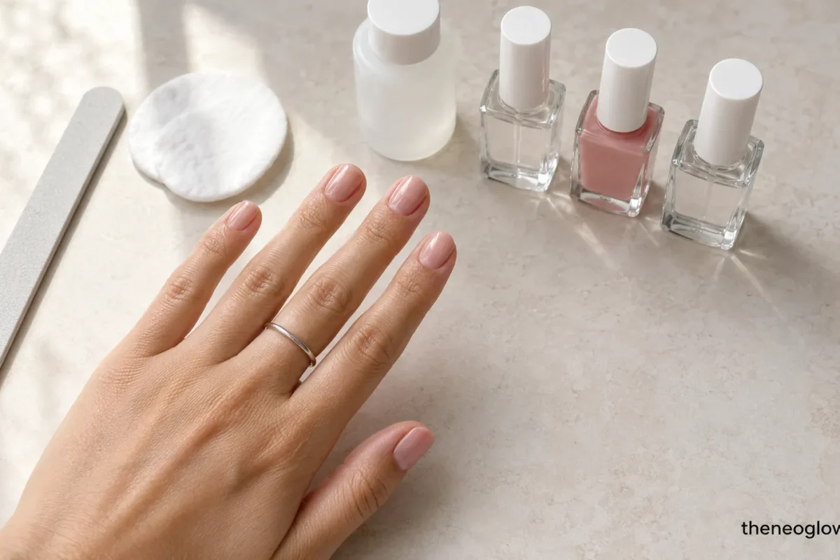 A hand with short glossy blush nails beside a file, cotton pads, remover, and three unbranded polish bottles.