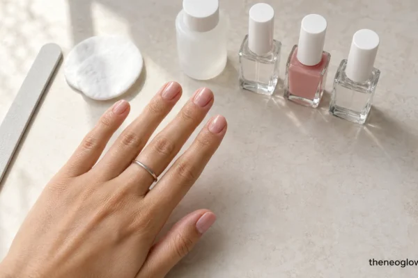 A hand with short glossy blush nails beside a file, cotton pads, remover, and three unbranded polish bottles.